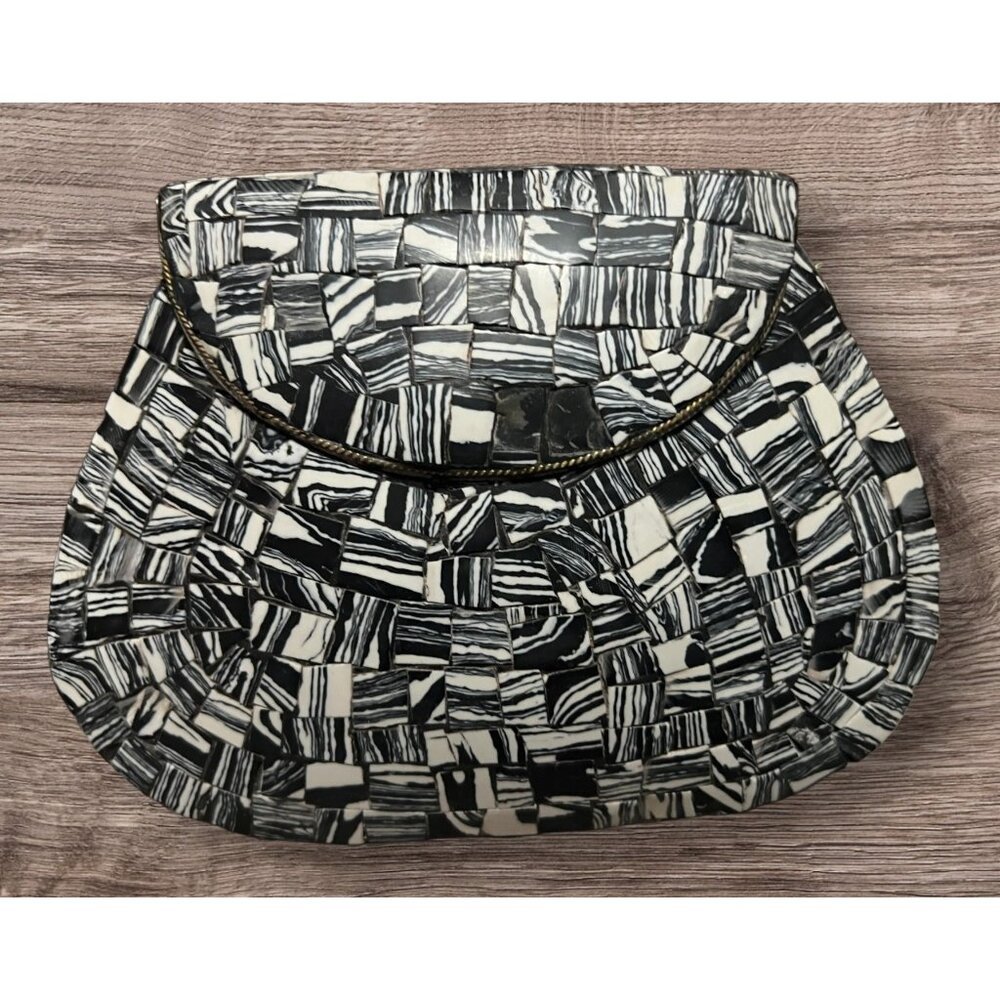 Ramla Handmade Moroccan Mosaic Stone Tile Crossbody Purse Black/White Chain Stra